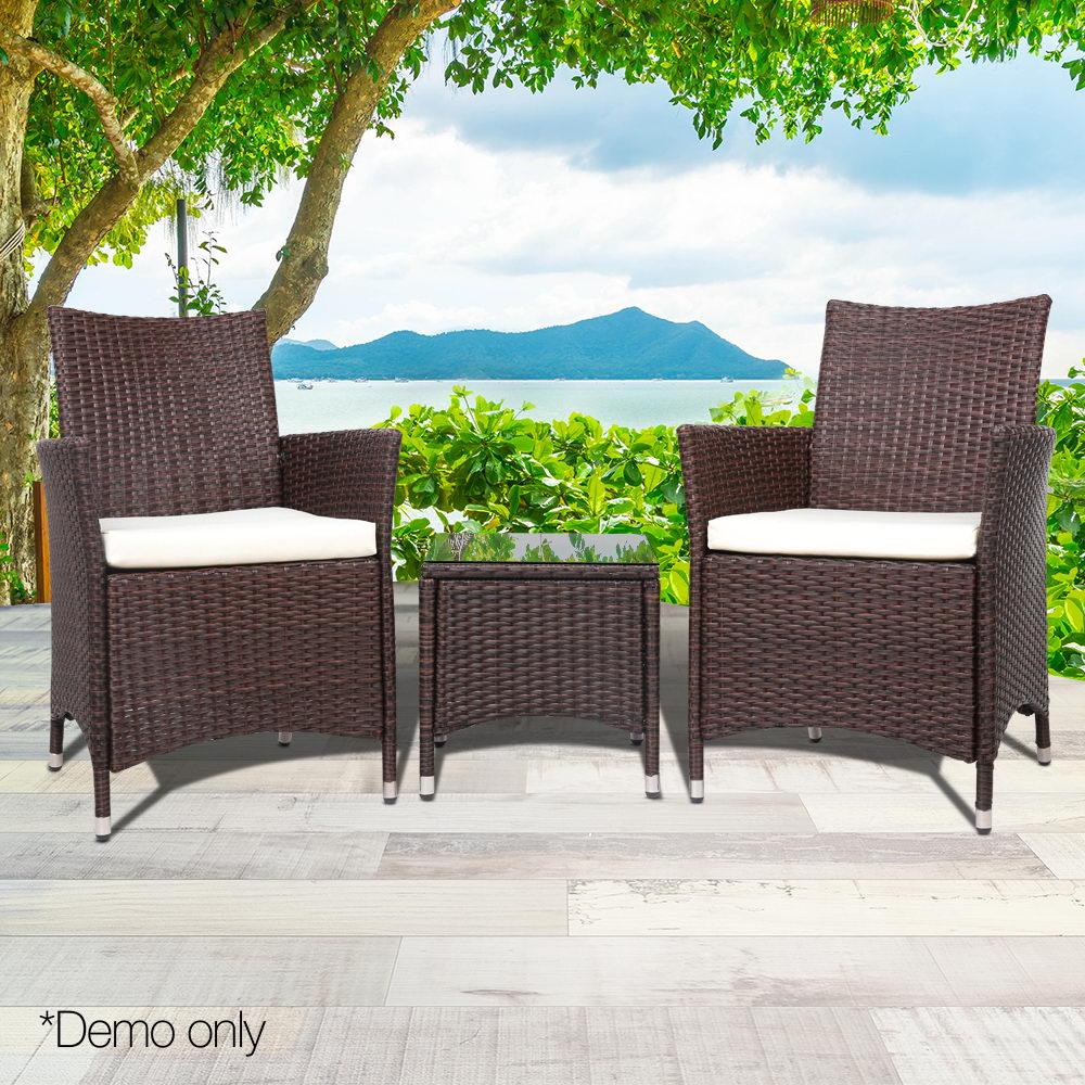 Gardeon 3pc Rattan Bistro Wicker Outdoor Furniture Set Brown