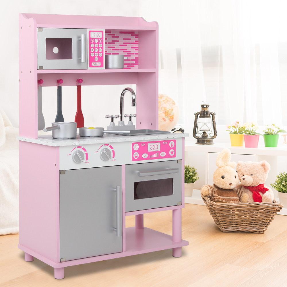 Keezi Kids Wooden Kitchen Play Set - Pink & Silver