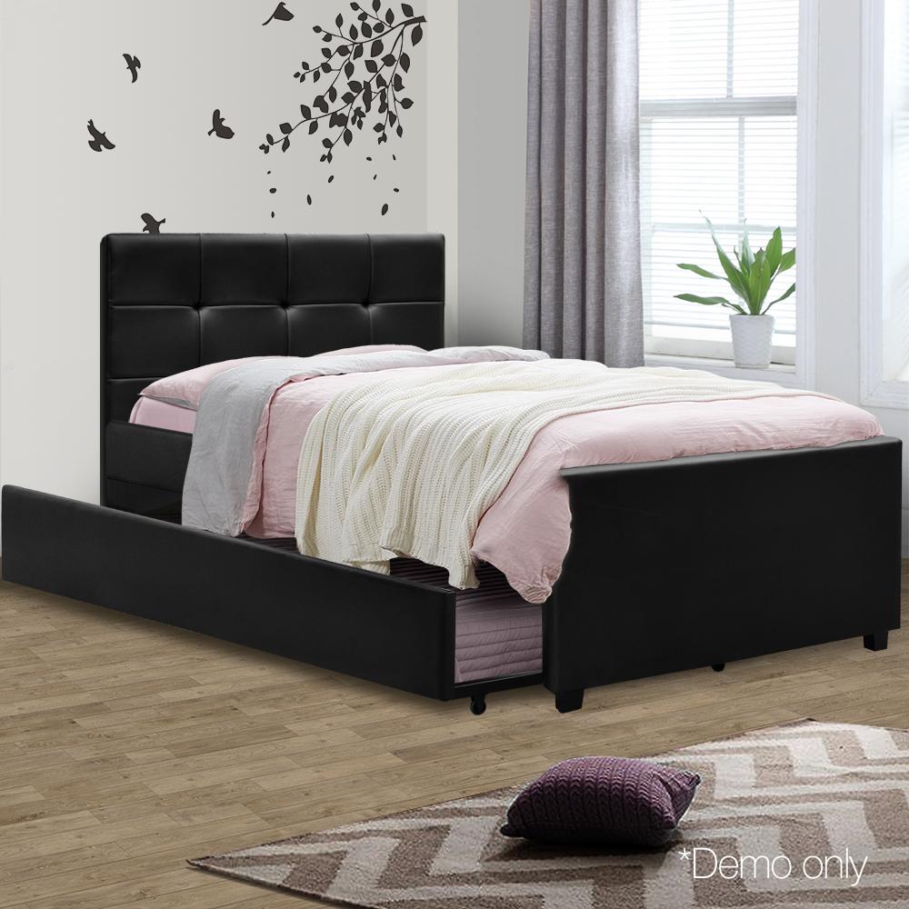 Artiss King Single Size Trundle Bed Frame  Headboard - Black