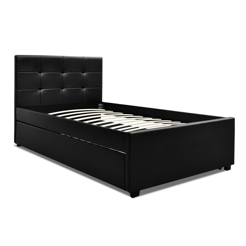 Artiss King Single Size Trundle Bed Frame  Headboard - Black